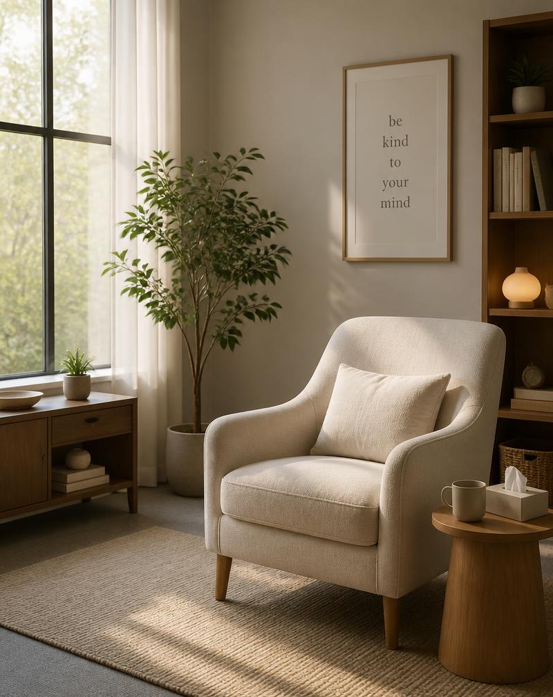 A peaceful, sunlit therapy room with a comfortable chair and a small plant