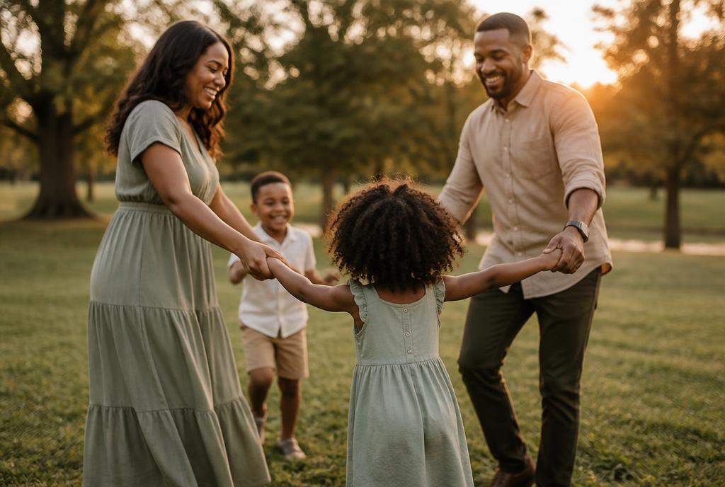 An African American family playing together in a grassy park at sunset