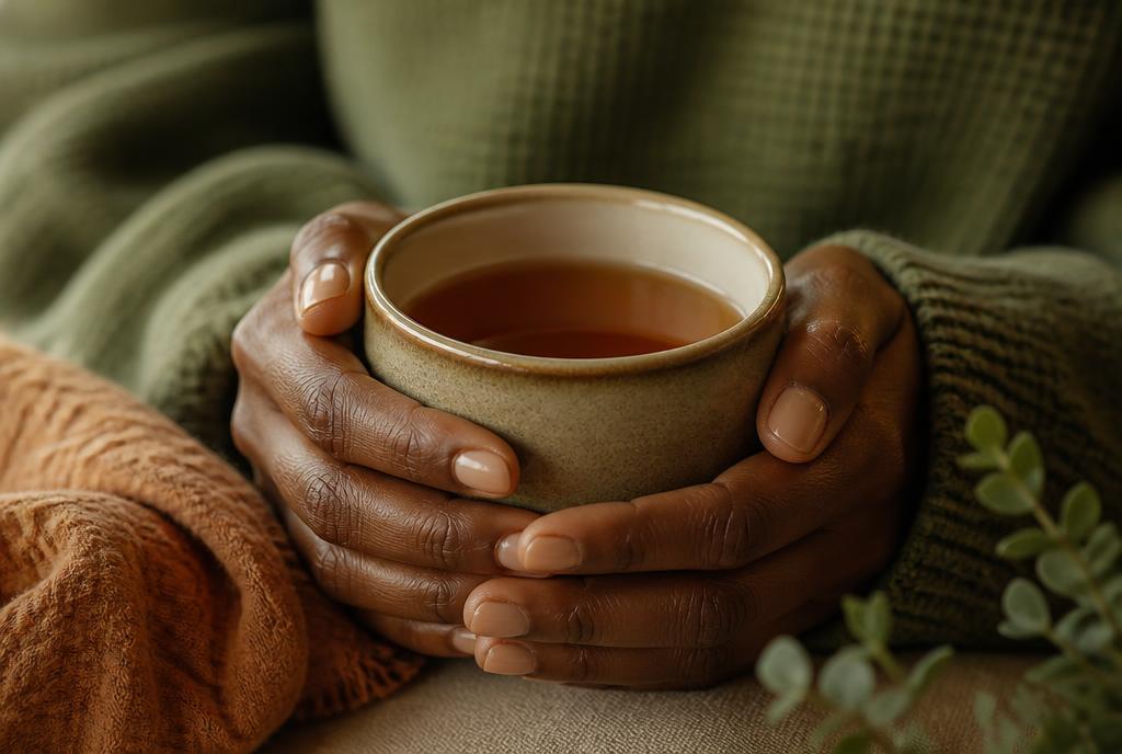 African American hands gently holding a warm ceramic cup of tea